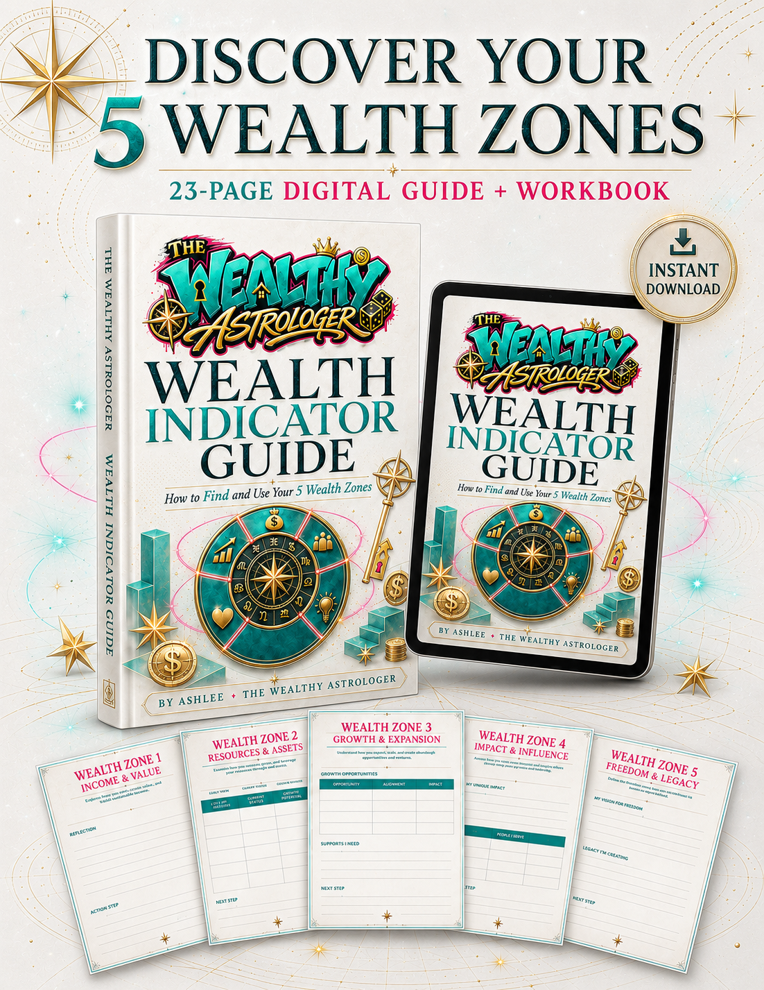 The Wealth Indicator Guide shown on a tablet and as a printed book with interior page samples